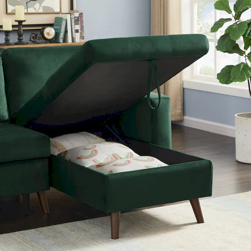 Sofá cama seccional en forma de L verde/gris con chaise de almacenamiento, capacidad para 3-4 personas
