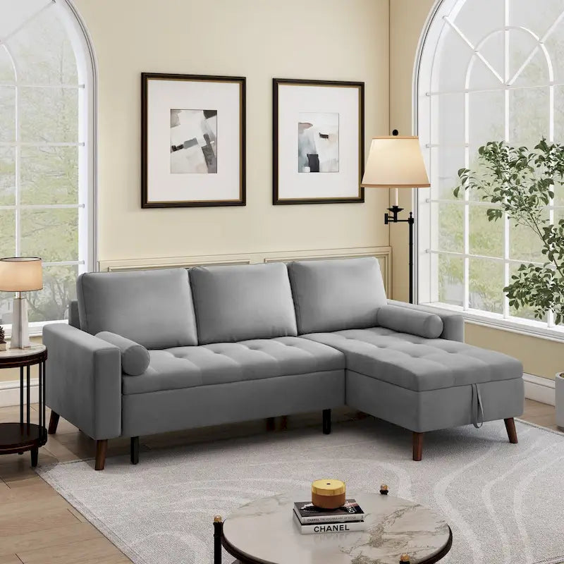 Sofá cama seccional en forma de L verde/gris con chaise de almacenamiento, capacidad para 3-4 personas