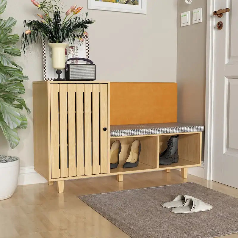 Zapatero de madera natural con banco y respaldo de PU, cojín de pata de gallo, para 1 persona, 120 cm