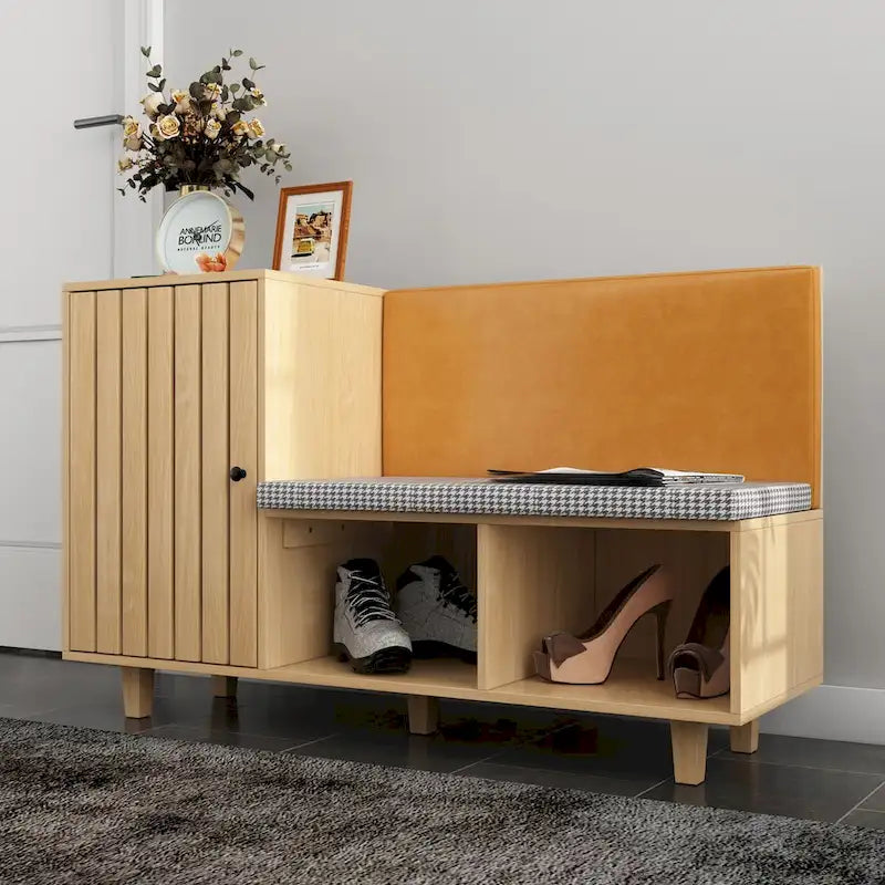 Zapatero de madera natural con banco y respaldo de PU, cojín de pata de gallo, para 1 persona, 120 cm