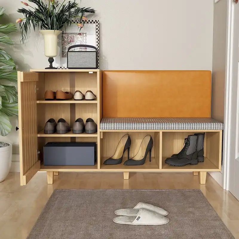 Zapatero de madera natural con banco y respaldo de PU, cojín de pata de gallo, para 1 persona, 120 cm