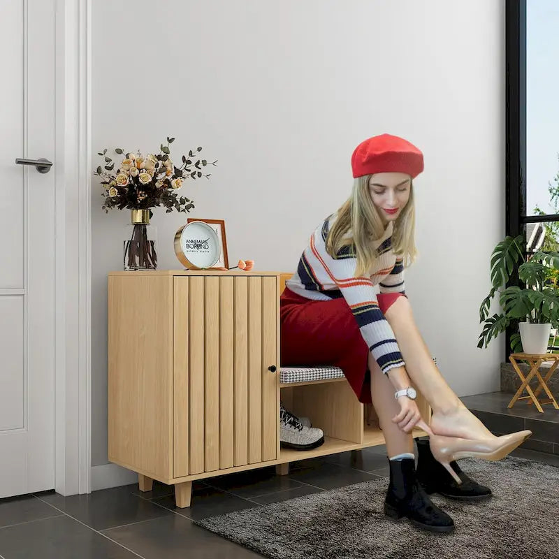 Zapatero de madera natural con banco y respaldo de PU, cojín de pata de gallo, para 1 persona, 120 cm