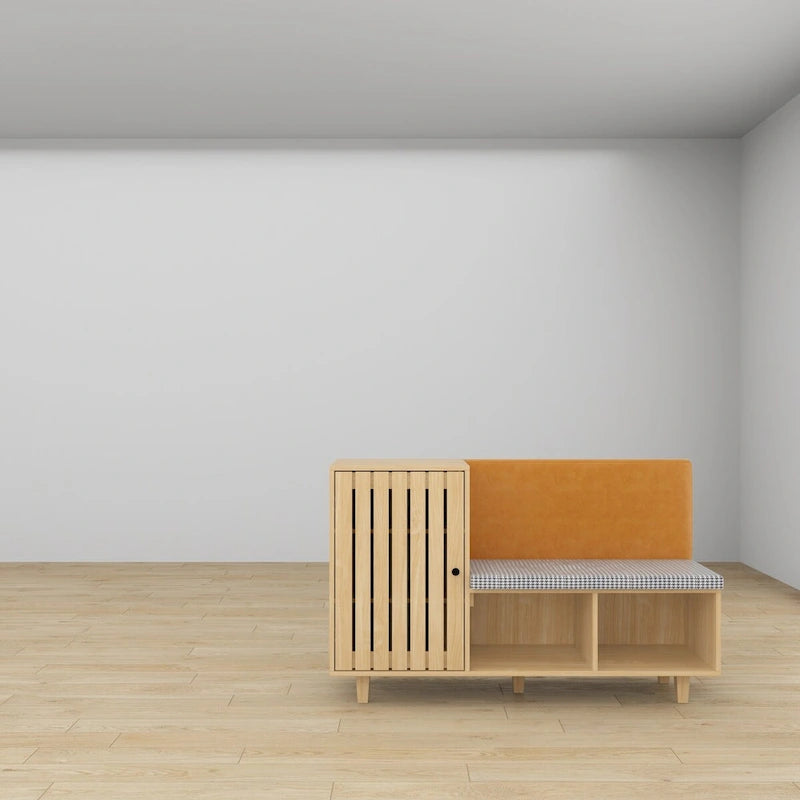 Zapatero de madera natural con banco y respaldo de PU, cojín de pata de gallo, para 1 persona, 120 cm