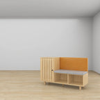 Zapatero de madera natural con banco y respaldo de PU, cojín de pata de gallo, para 1 persona, 120 cm