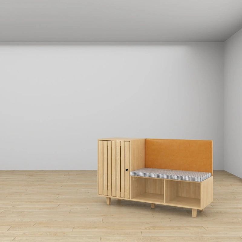 Zapatero de madera natural con banco y respaldo de PU, cojín de pata de gallo, para 1 persona, 120 cm