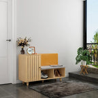 Zapatero de madera natural con banco y respaldo de PU, cojín de pata de gallo, para 1 persona, 120 cm