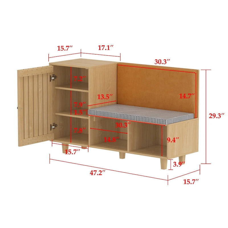 Zapatero de madera natural con banco y respaldo de PU, cojín de pata de gallo, para 1 persona, 120 cm