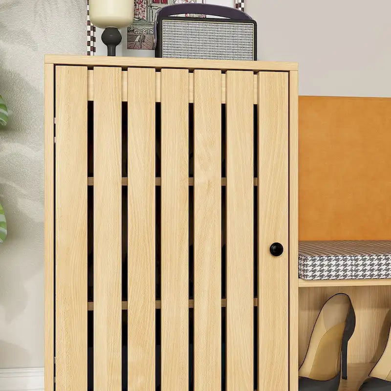 Zapatero de madera natural con banco y respaldo de PU, cojín de pata de gallo, para 1 persona, 120 cm
