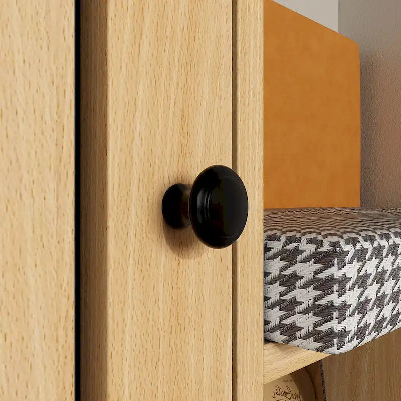 Zapatero de madera natural con banco y respaldo de PU, cojín de pata de gallo, para 1 persona, 120 cm