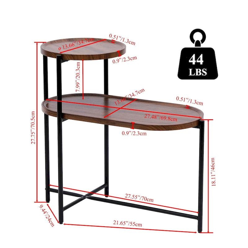 Mesa auxiliar de 2 niveles nogal oscuro, estructura de metal negra, uso individual