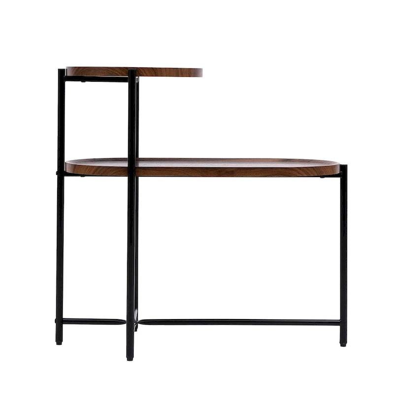 Mesa auxiliar de 2 niveles nogal oscuro, estructura de metal negra, uso individual
