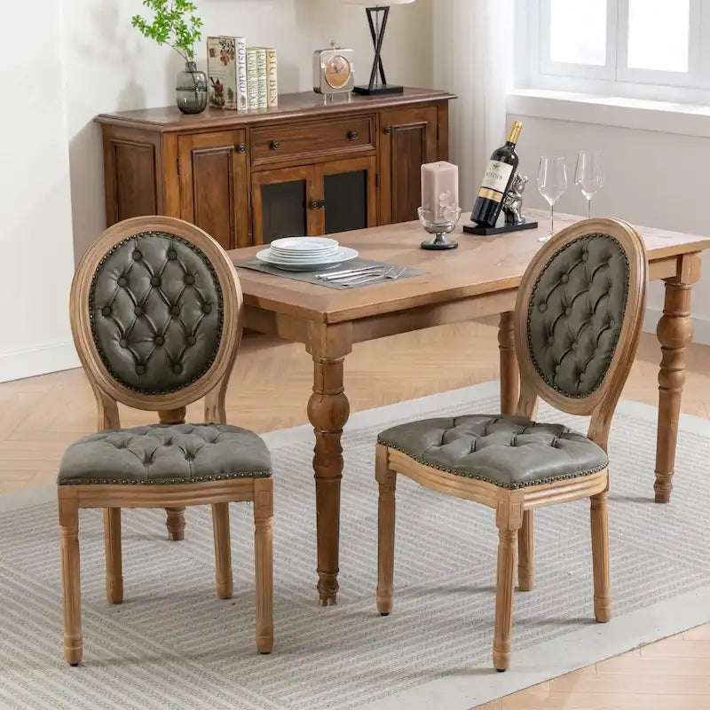 Silla de comedor de madera maciza estilo francés con tachuelas – Verde oliva / Negro, Juego de 2