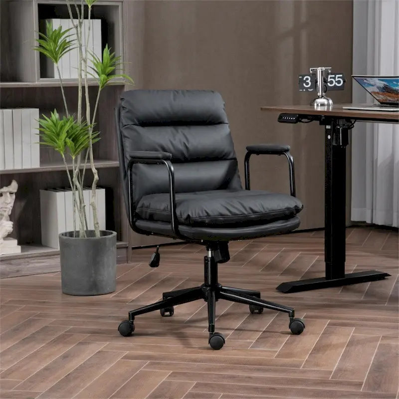Sillón de oficina giratorio de piel sintética negra/marrón con reposabrazos acolchados, individual