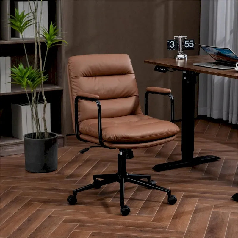 Sillón de oficina giratorio de piel sintética negra/marrón con reposabrazos acolchados, individual