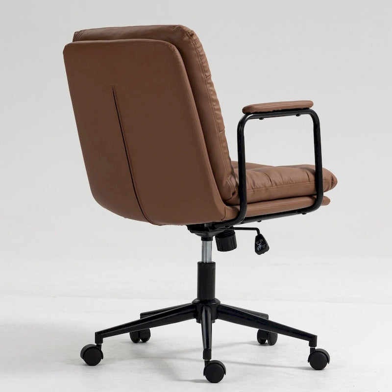 Sillón de oficina giratorio de piel sintética negra/marrón con reposabrazos acolchados, individual