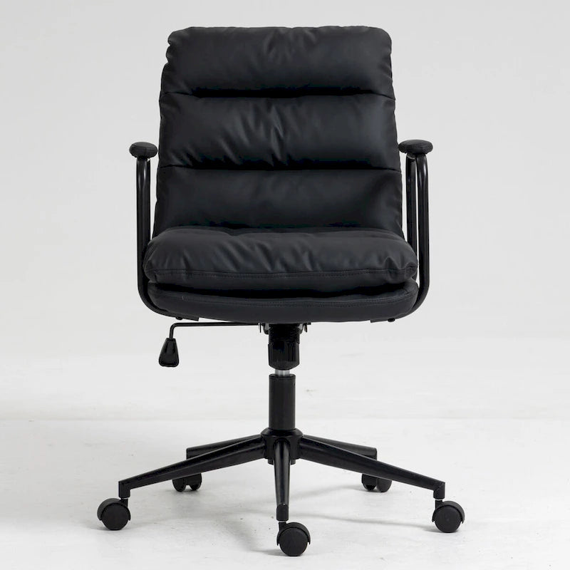 Sillón de oficina giratorio de piel sintética negra/marrón con reposabrazos acolchados, individual