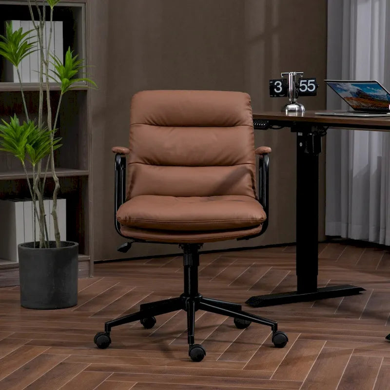 Silla de oficina giratoria negra/marrón con respaldo medio, reposabrazos y ruedas, 1 persona