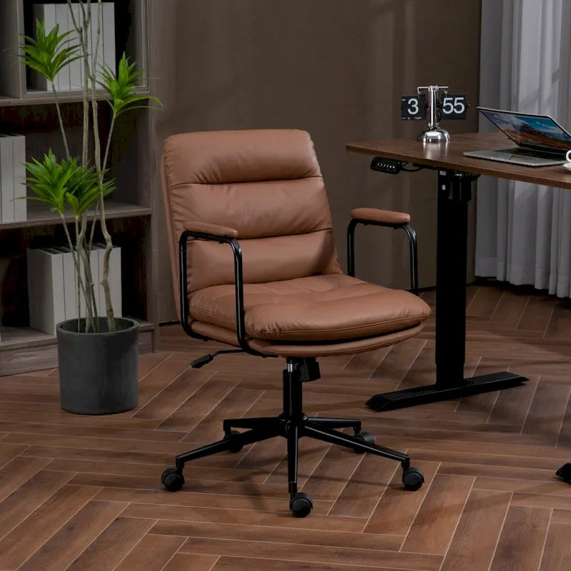 Silla de oficina giratoria negra/marrón con respaldo medio, reposabrazos y ruedas, 1 persona
