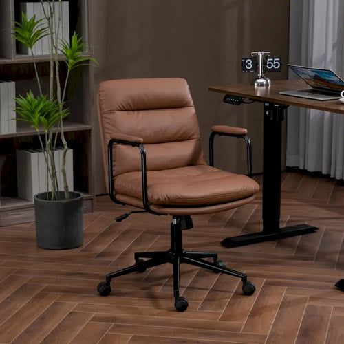 Silla de oficina giratoria negra/marrón con respaldo medio, reposabrazos y ruedas, 1 persona