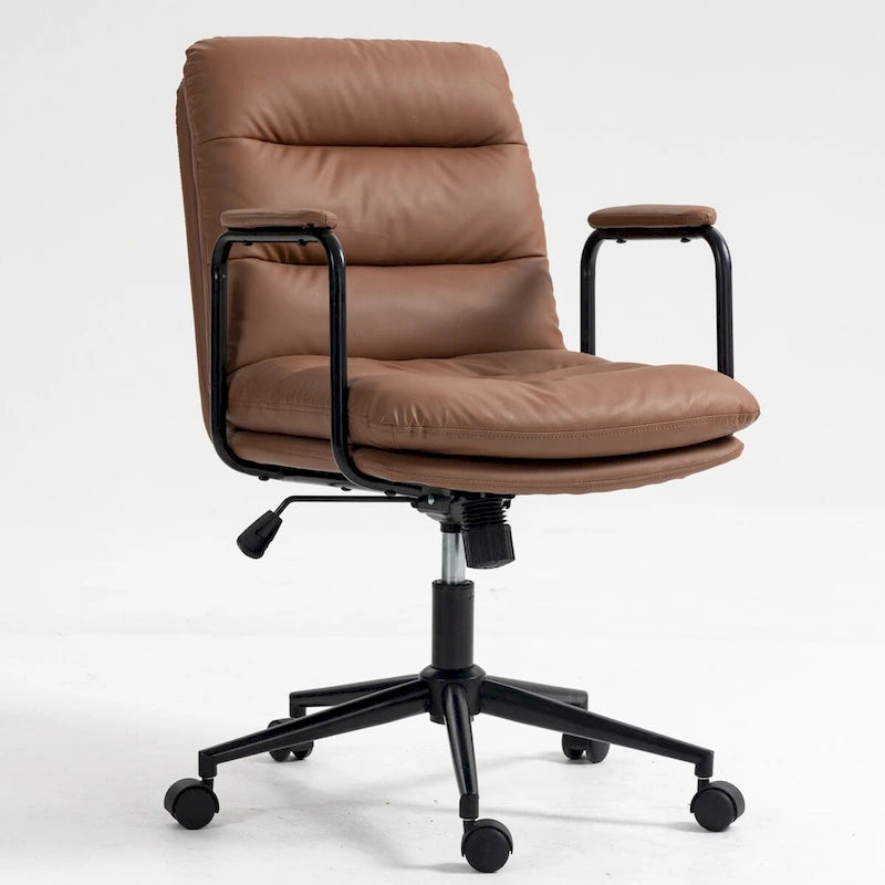 Silla de oficina giratoria negra/marrón con respaldo medio, reposabrazos y ruedas, 1 persona
