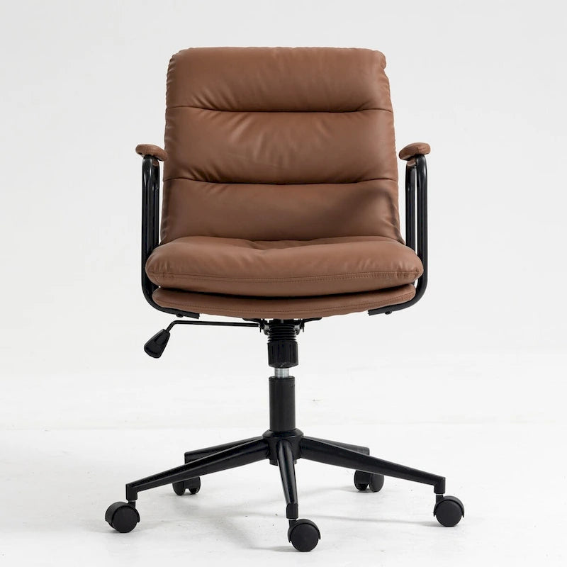 Silla de oficina giratoria negra/marrón con respaldo medio, reposabrazos y ruedas, 1 persona