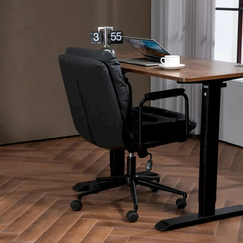 Silla de oficina giratoria negra/marrón con respaldo medio, reposabrazos y ruedas, 1 persona