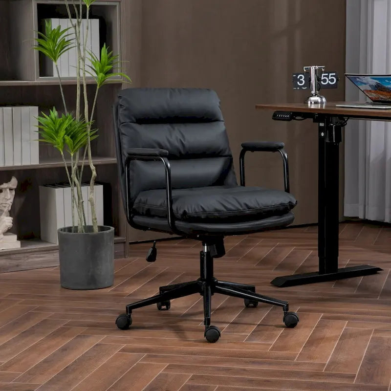Silla de oficina giratoria negra/marrón con respaldo medio, reposabrazos y ruedas, 1 persona