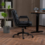 Silla de oficina giratoria negra/marrón con respaldo medio, reposabrazos y ruedas, 1 persona