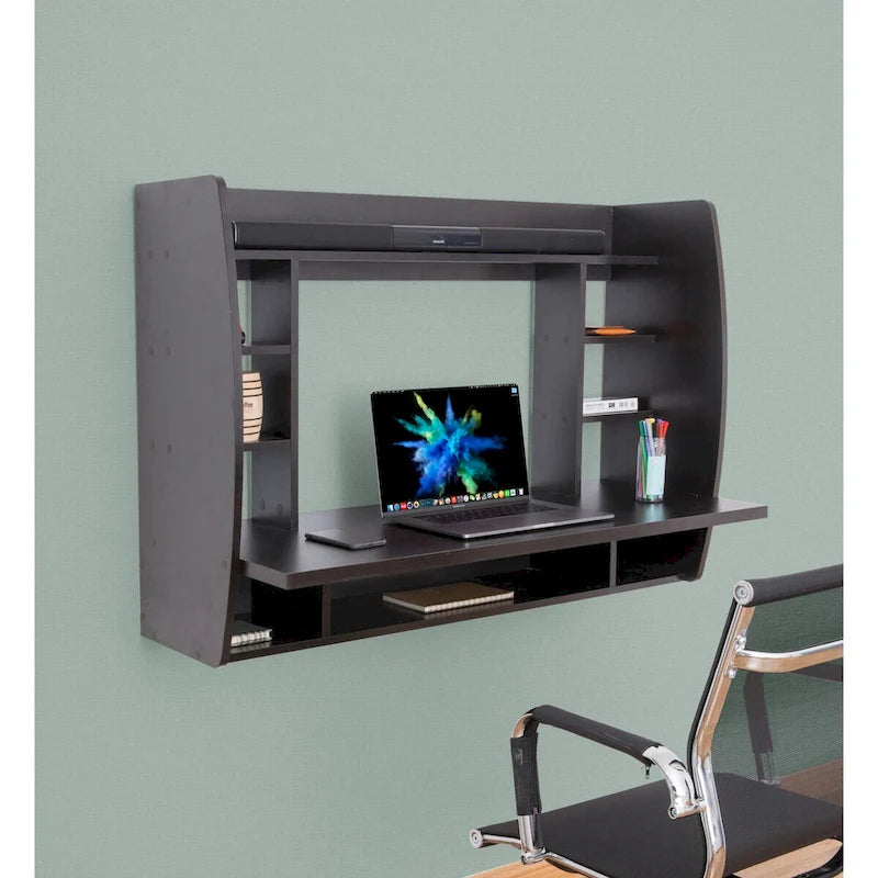 Escritorio flotante de pared con estantes – Negro / Marrón / Blanco, Individual
