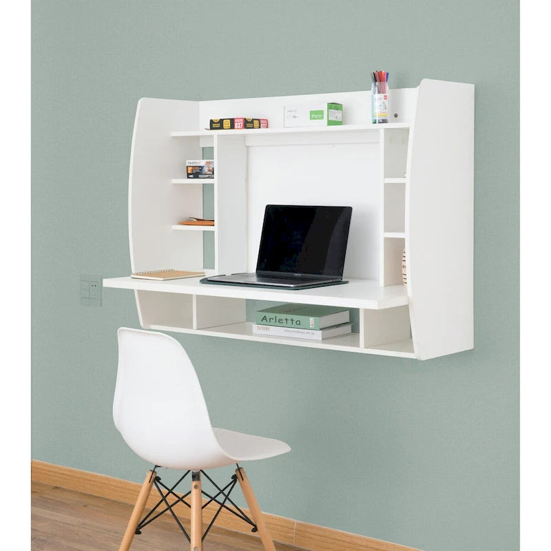 Escritorio flotante de pared con estantes – Negro / Marrón / Blanco, Individual