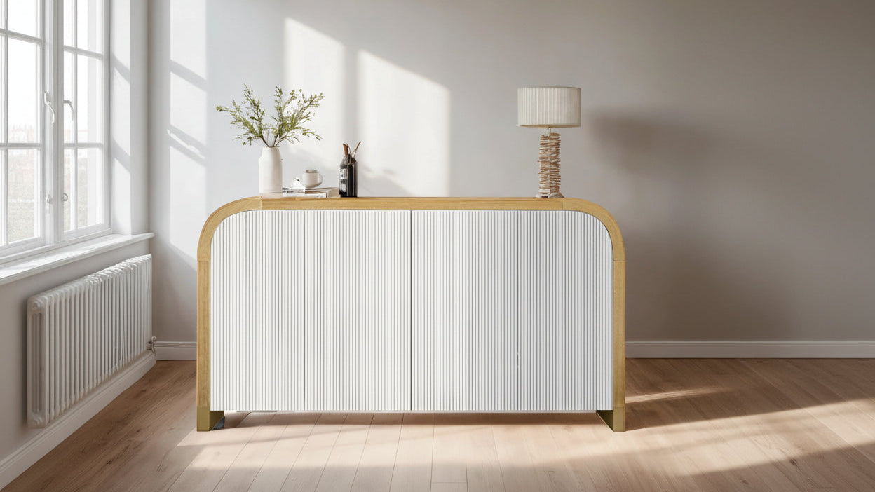 Wood Curved Corner Cabinet with Adjustable Shelves and 4 Door